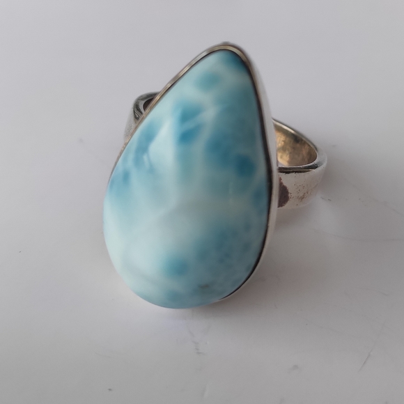 Solid Sterling Silver Pear Larimar Ring Sz 7.75 - Picture 3 of 14